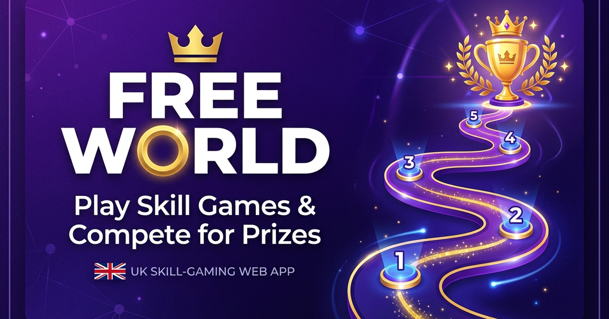 Free World skill-game map with numbered levels leading to a Champion trophy – Prize League